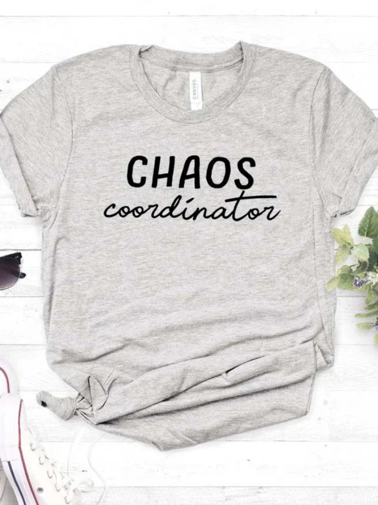 Women T Shirt Chaos Coordinator Letters Print Tshirt Women Short Sleeve O Neck Loose T-shirt Ladies Causal Tee Shirt Tops