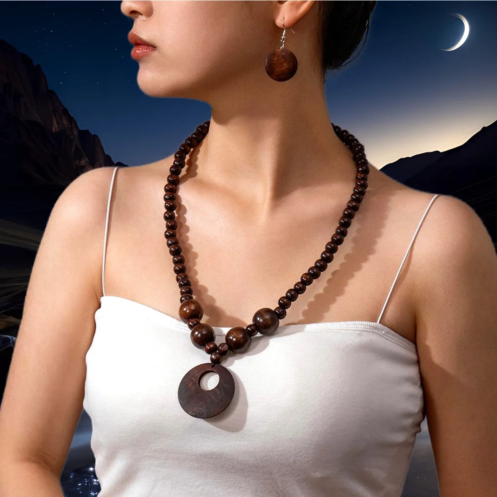 New Fashion Jewelry Set Bohemian Geometric Round  Wooden Bead Pendant Necklace And Earrings For Women Vacation Accessories