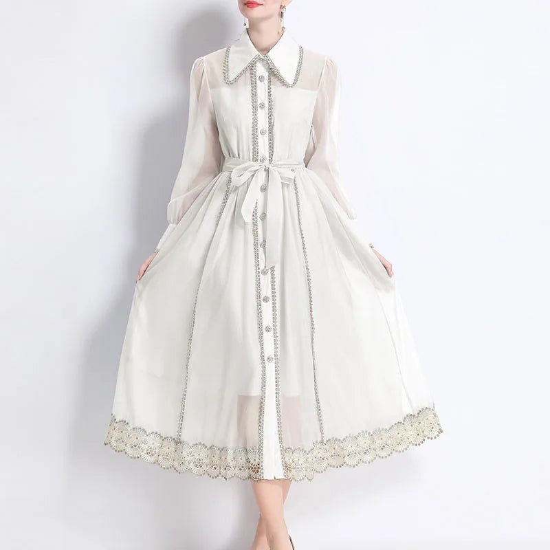Dresses for Women Fashion Long Sleeve Turn Down Collar Women Dress White Sashes A-LINE Dress Women Vestidos De Verano Mujer Q337