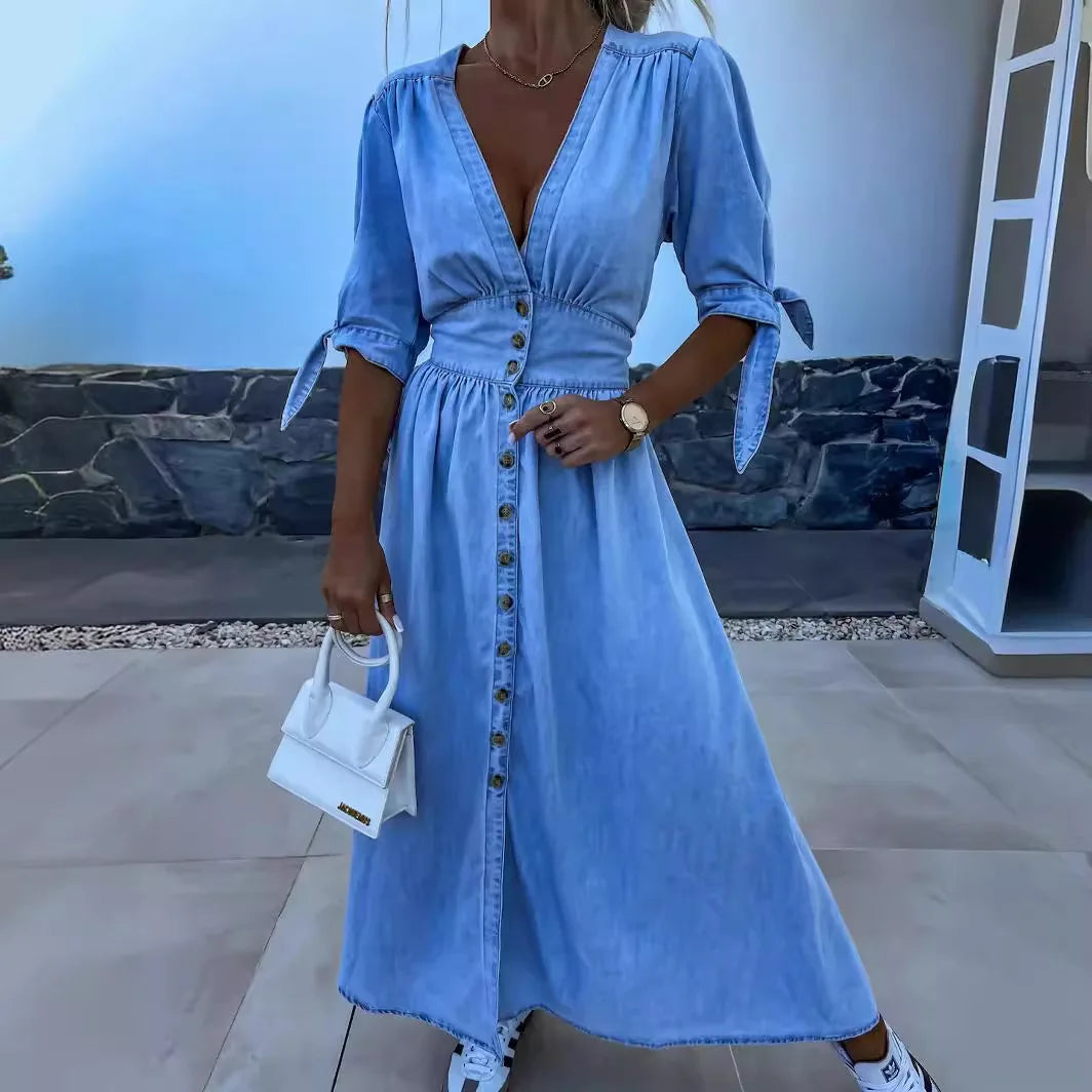 Long Dresses for Women Sexy Denim Dress V Neck Single Breasted Lace Up Distressed Vintage A Line Streetwear Female 2025 Vestidos