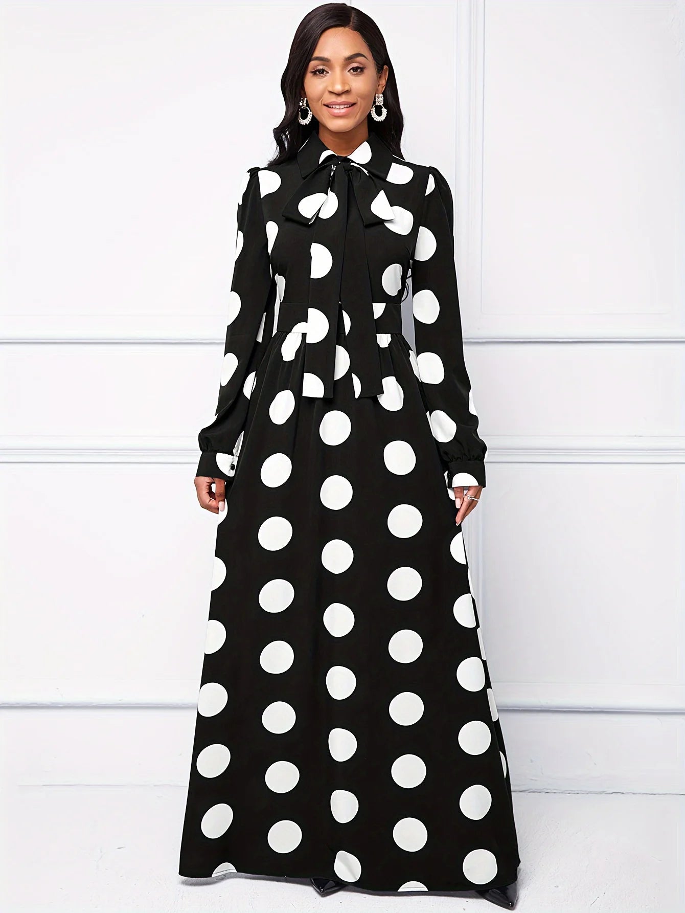 Casual Dresses Elegant Women Long Dress Sleeve Female Robe Bow Knot Polka Dots Girl's Vestidos Lady's Maxi Dresses