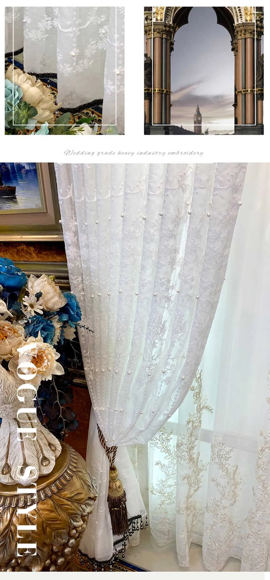 White Elegant Lxury Curtains, Tulle Contain Pearls Embroidery Beads Window Drapes ,Curtain Volie Sheer for Living Room Finished
