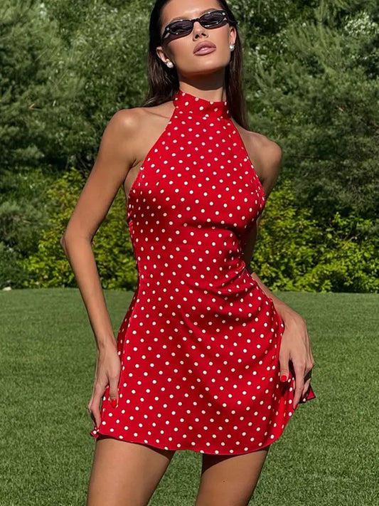 Women's Dresses New Summer Streetwear Fashion Dot Print Halter Dress Sexy Sleeveless Backless Elegant Female Dresses Clothing