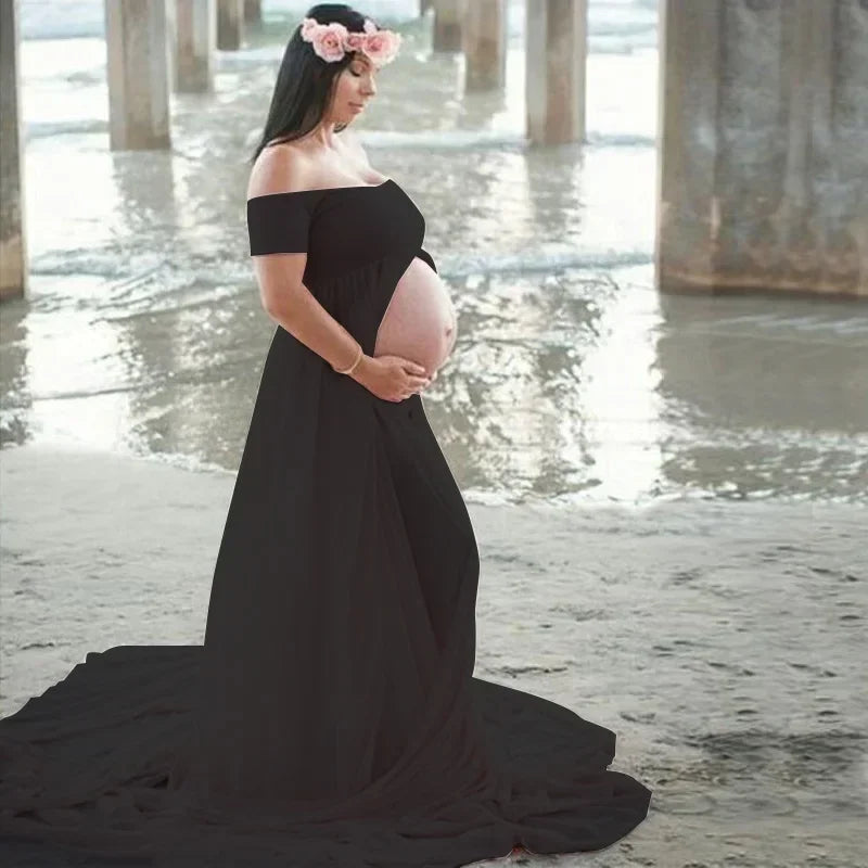 Maternity's Dresses for Photo Shoot Shoulder Less Solid Photography Props Pregnancy Maxi Simple Dress