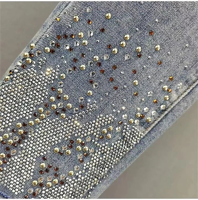 2025 Ladies Jeans Heavy Industry Rhinestone Skinny Jeans Women Spring Summer High Waist Denim Pants Korean Street Stretch Pants