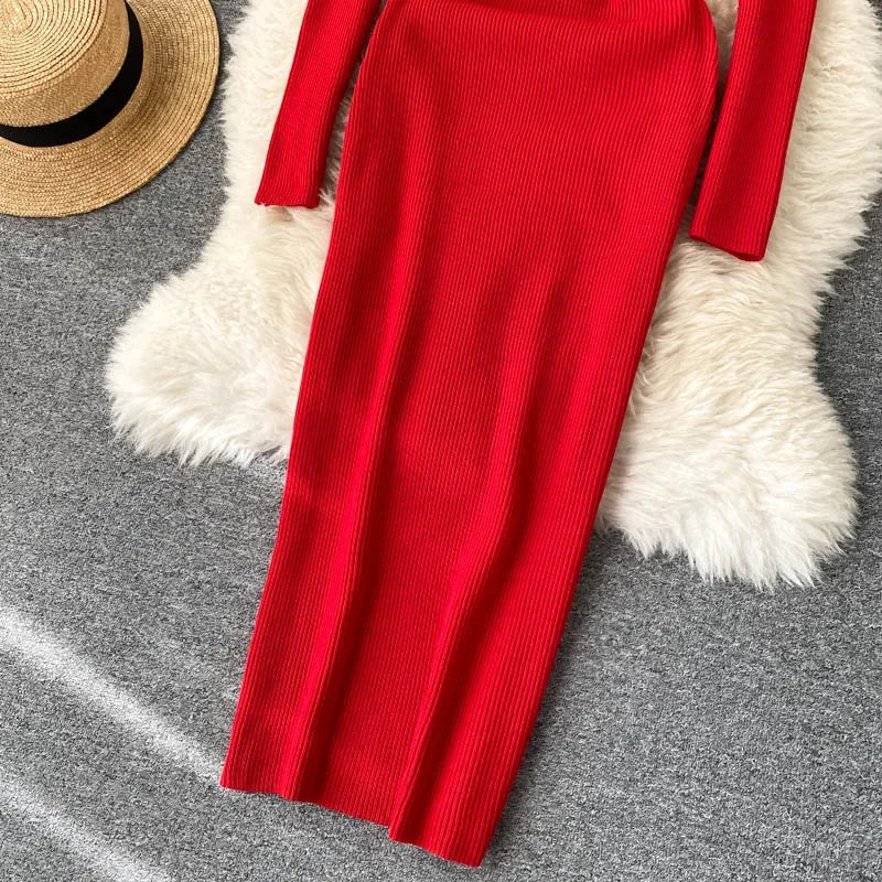 Dresses For Women 2026 Sexy Strapless Ribbed Knitted Bodycon Dress Women Winter Long Sleeve Midi Sweater Dress Clothes