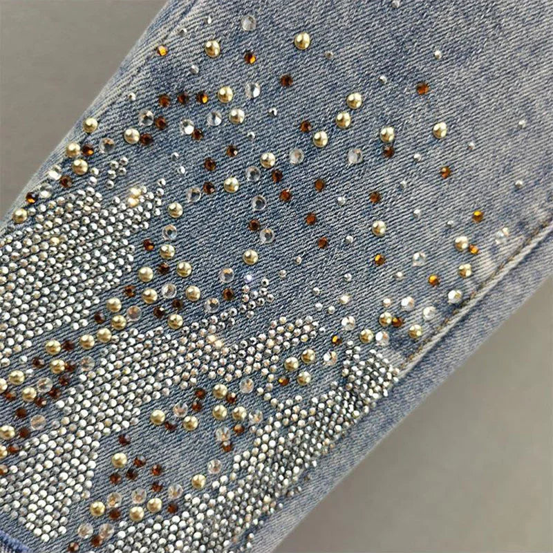 2025 Ladies Jeans Heavy Industry Rhinestone Skinny Jeans Women Spring Summer High Waist Denim Pants Korean Street Stretch Pants