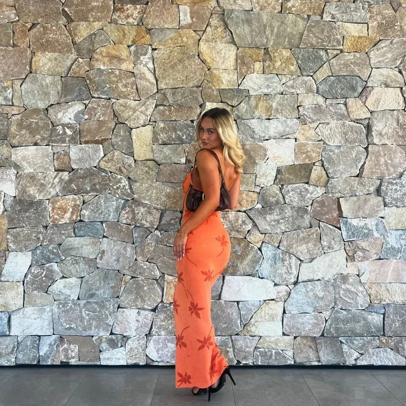 Elegant Sleeveless Long Dress Sexy V Neck Backless Maxi Dresses Women's High Waist Slim Summer Vestidos Lady Printing Robes