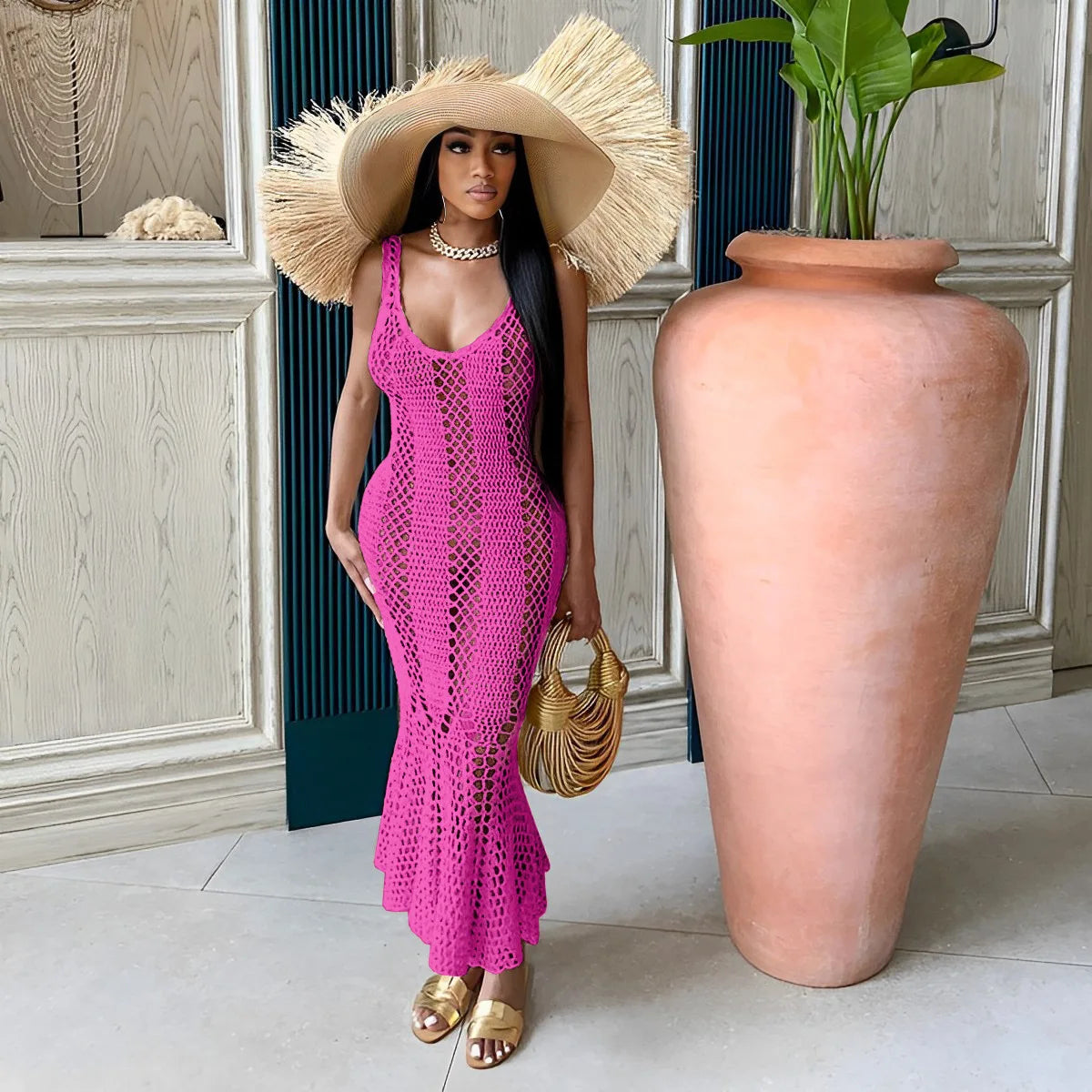 CM.YAYA Women Sleeveless Hollow Out Knit Ribbed Crochet Tank Mermaid Bodycon Midi Dress 2023 Sexy Party Club Vestidos Dresses