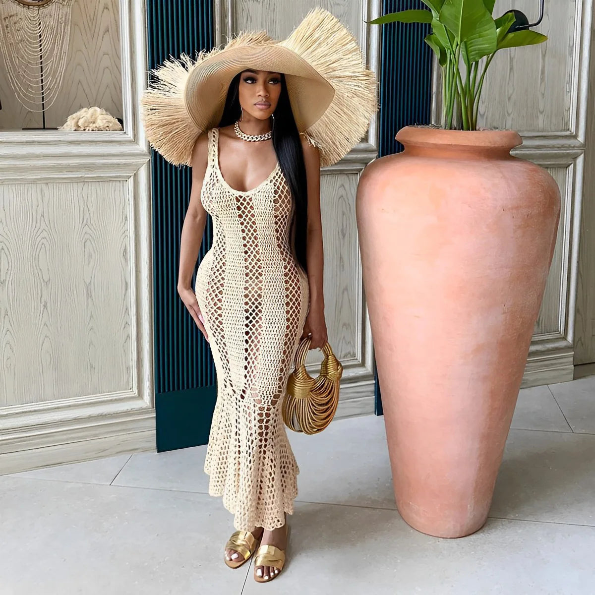 CM.YAYA Women Sleeveless Hollow Out Knit Ribbed Crochet Tank Mermaid Bodycon Midi Dress 2023 Sexy Party Club Vestidos Dresses