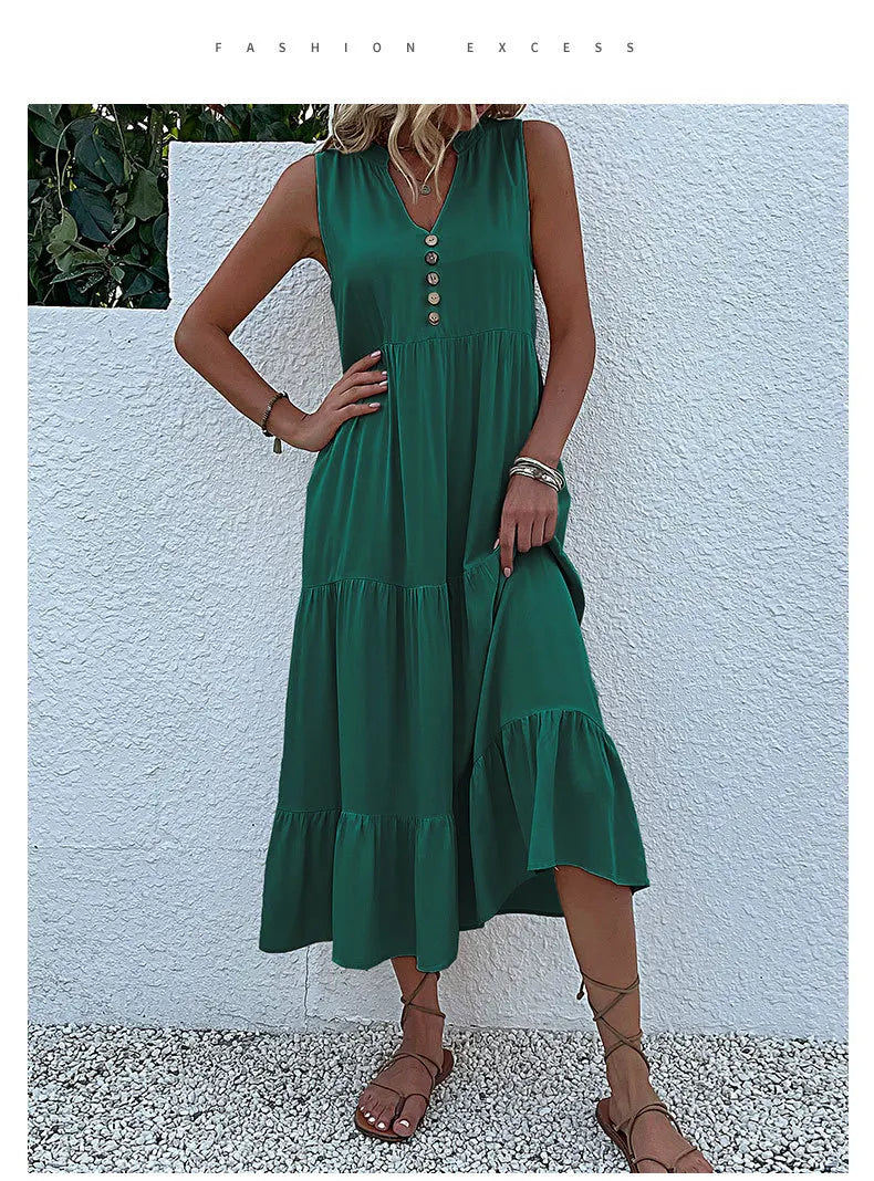 Dresses for Women 2025 Summer V-neck Single-breasted Vest Dress Sleeveless Loose Casual Solid Color Dress Vestidos De Mujer
