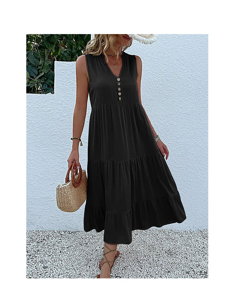 Dresses for Women 2025 Summer V-neck Single-breasted Vest Dress Sleeveless Loose Casual Solid Color Dress Vestidos De Mujer