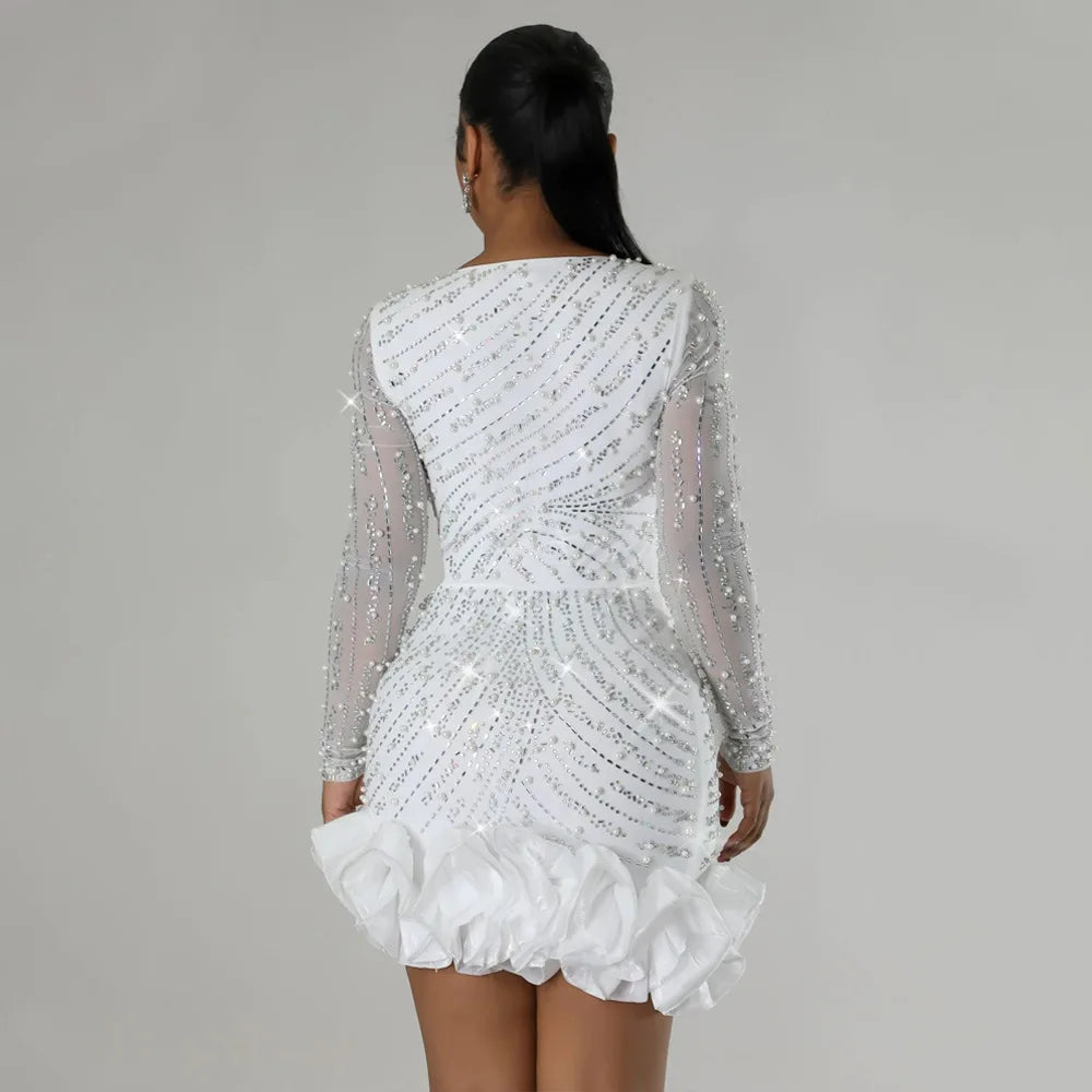 Women Dress Diamonds Splice Ruffles Mini Dresses Square Collar Full Sleeve Slim Fit Sold Evening Party Vestidos Elegant Ladies