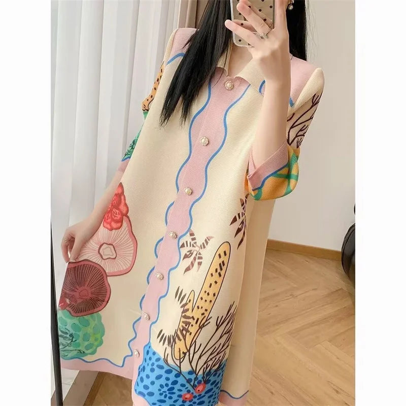 Womens Dresses Evening Dresses Beautiful Lssey Miyake Pleated Dress Summer new Fashion Lapel Loose Slim Long Print Fat mm Skirt