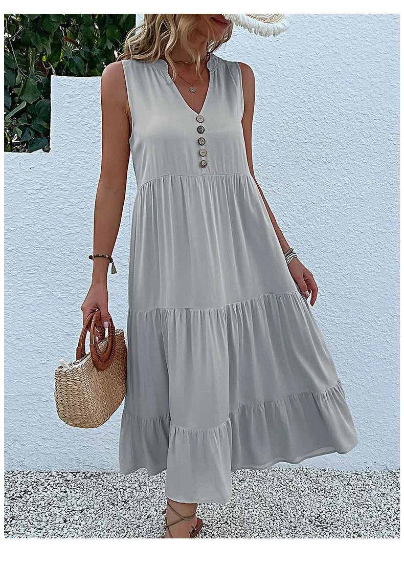Dresses for Women 2025 Summer V-neck Single-breasted Vest Dress Sleeveless Loose Casual Solid Color Dress Vestidos De Mujer