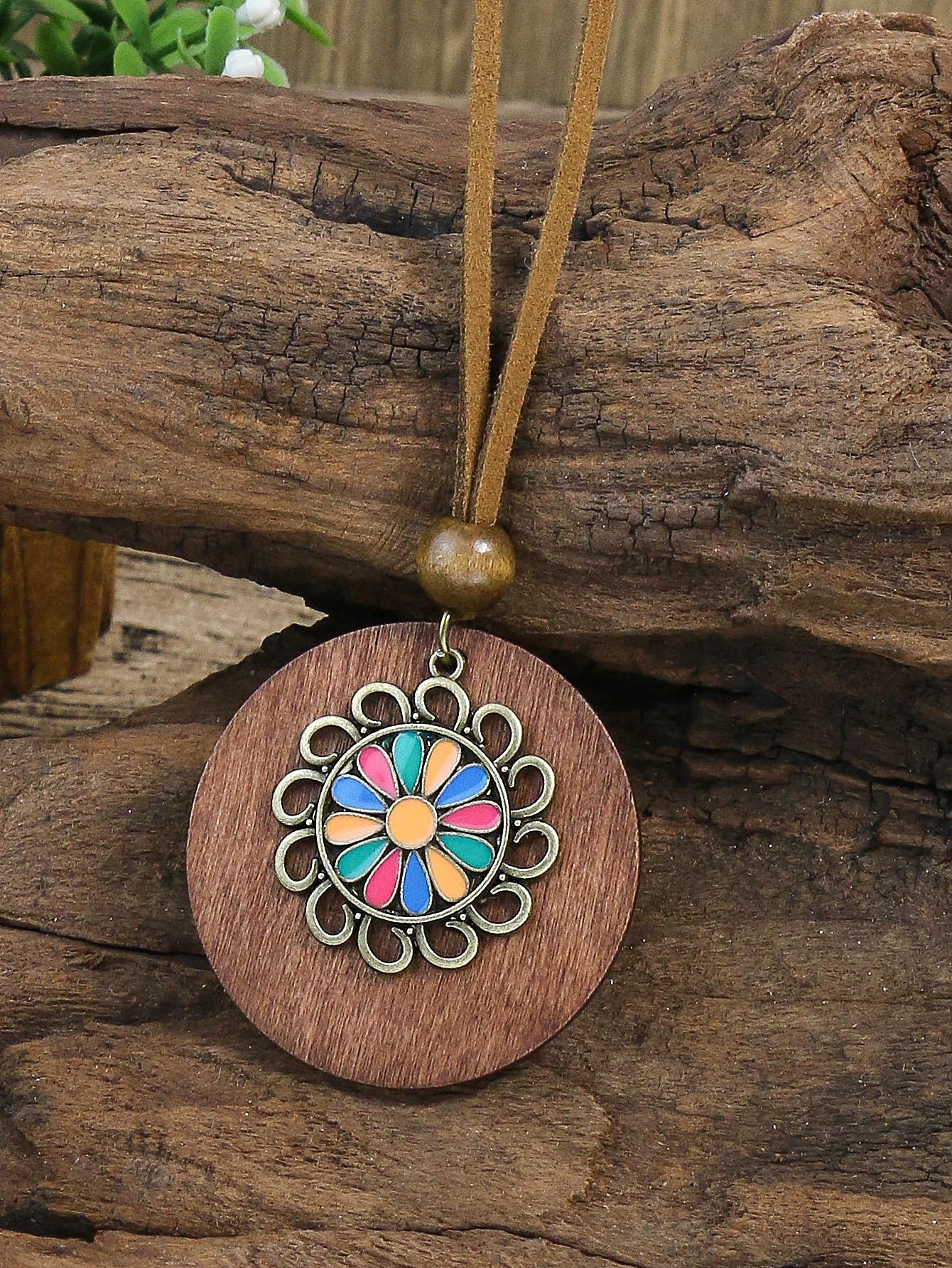 Vintage Accessories Sweater Chain Rice Beads Geometric Pattern Round Wood Piece Long Necklace Earrings Set Necklace