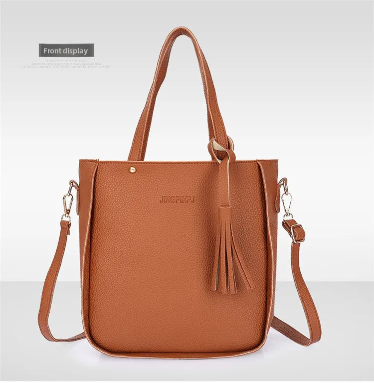 4pcs/set Tassel Bucket Women's Handbag Stylish Crossbody Bag Clutch and Wallet, Solid Color PU Shoulder Bags for Women Daily Use