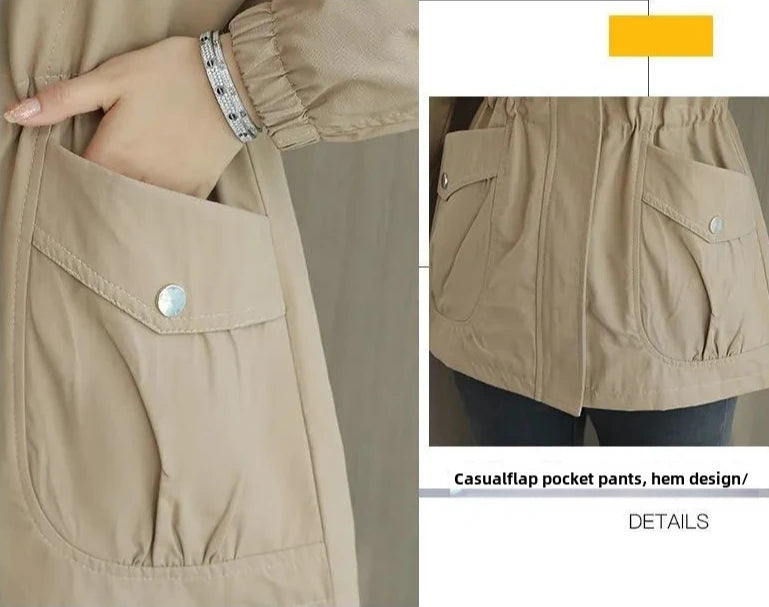 Women's Windbreaker Jackets Spring Autumn Drawstring Khaki Female Coat Modern Hot High Quality Great New in Outerwears Elegant