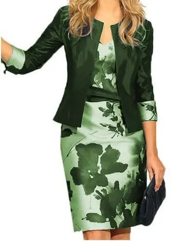 New Women Dress Sets Elegant Print Floral Higt Waist Wrapped Hip Dress and Solid Color Cardigan Tops 2 PCS Suit Office Lady Sets