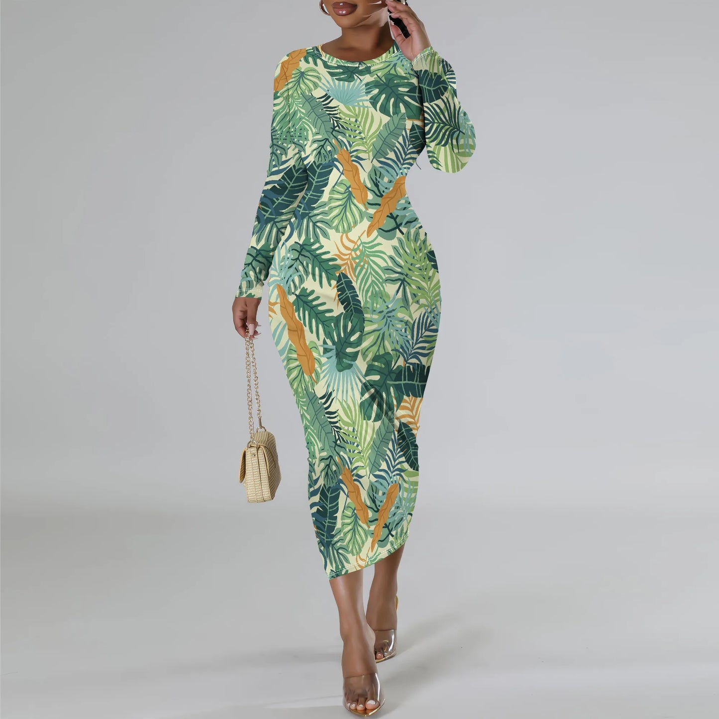 Date Night Dresses for Women Floral Print Crewneck Long Sleeve Stretchy Fitted Bodycon Maxi Dress