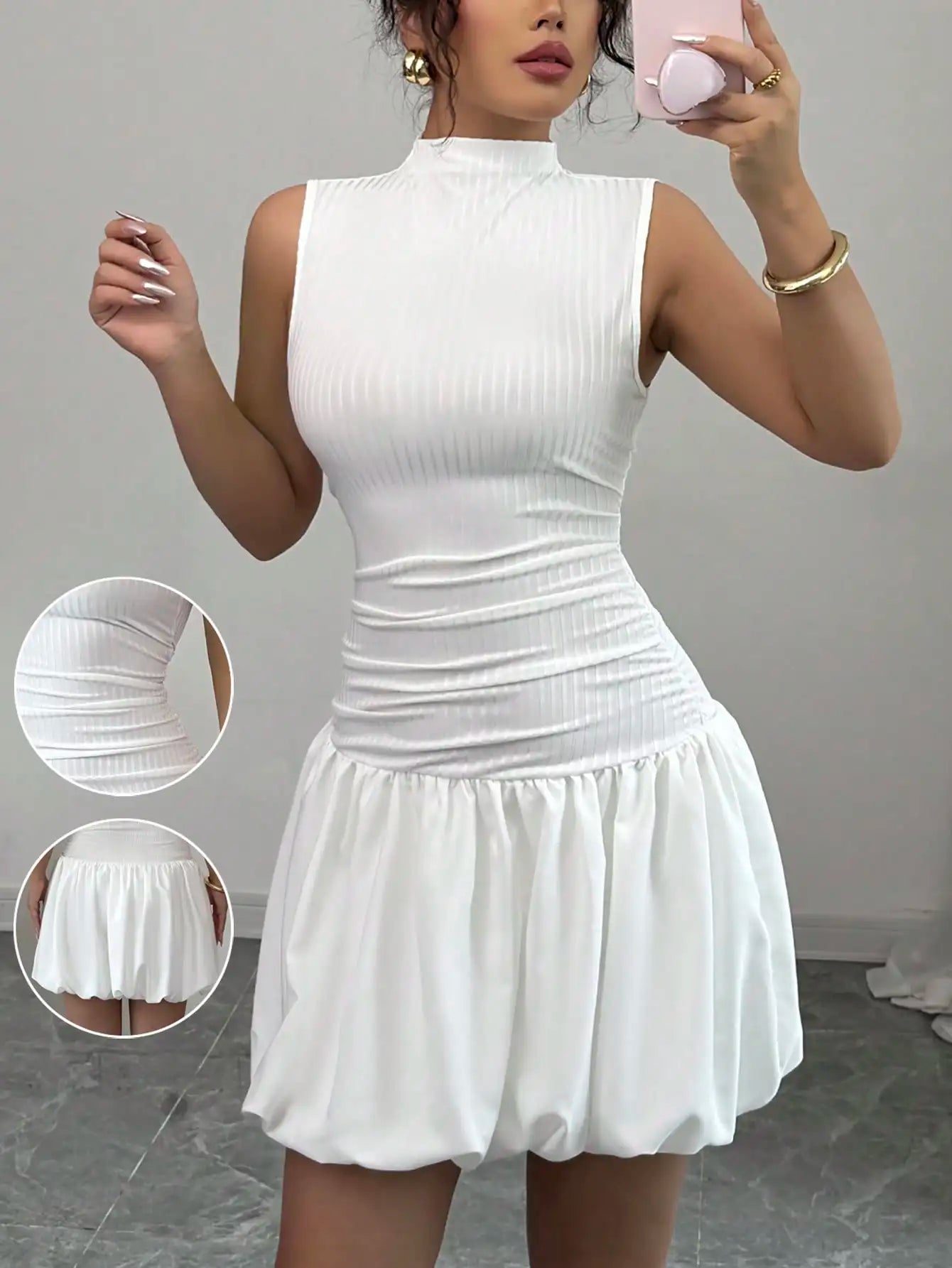Elegant tight small turtleneck sleeveless pleated lantern hem AB fabric splicing pit strip woven white summer women's dress