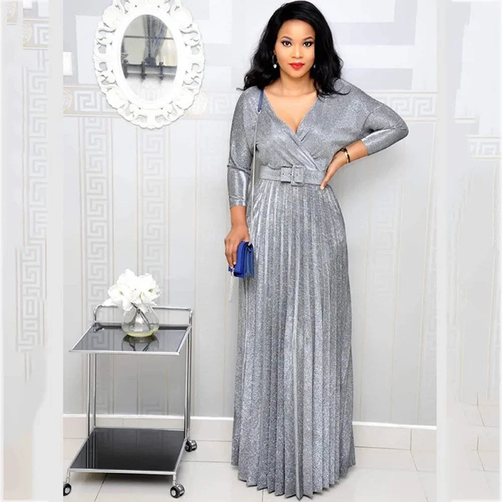 Dresses For Women Elegant Party Low Cut Sequined Gown Dress With Belt Nine Point Sleeve Ruffle Hem Flowy Long Dress Plus Size
