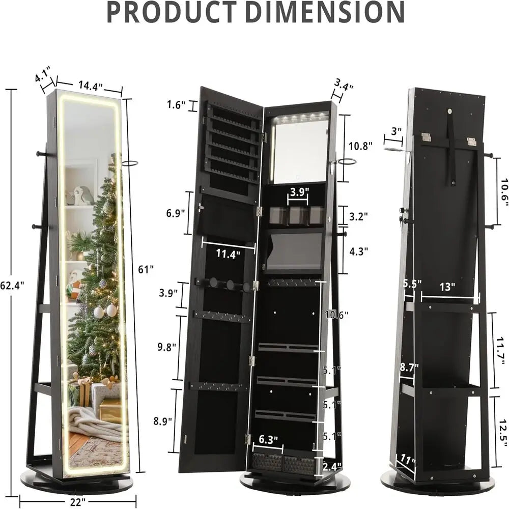 IRONCK LED Mirror Jewelry Cabinet Standing,360° Swivel Lockable Jewelry Armoire with Full Length Mirror and Adjustable LED Light