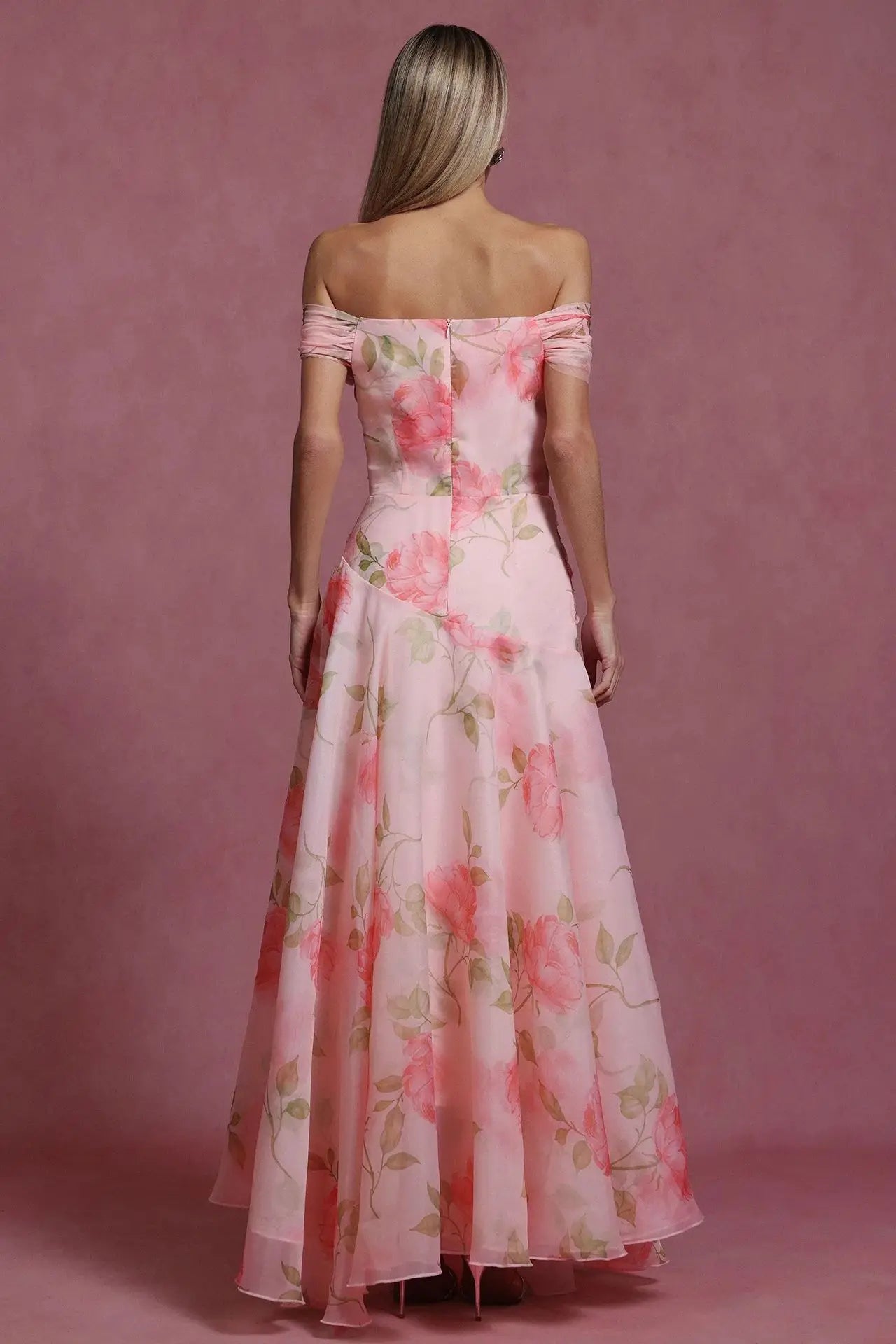 Evening Dresses for Women Sweet Floral Printing Slash Neck Short Sleeve High Waist Spliced Appliques Long Party Dress Female