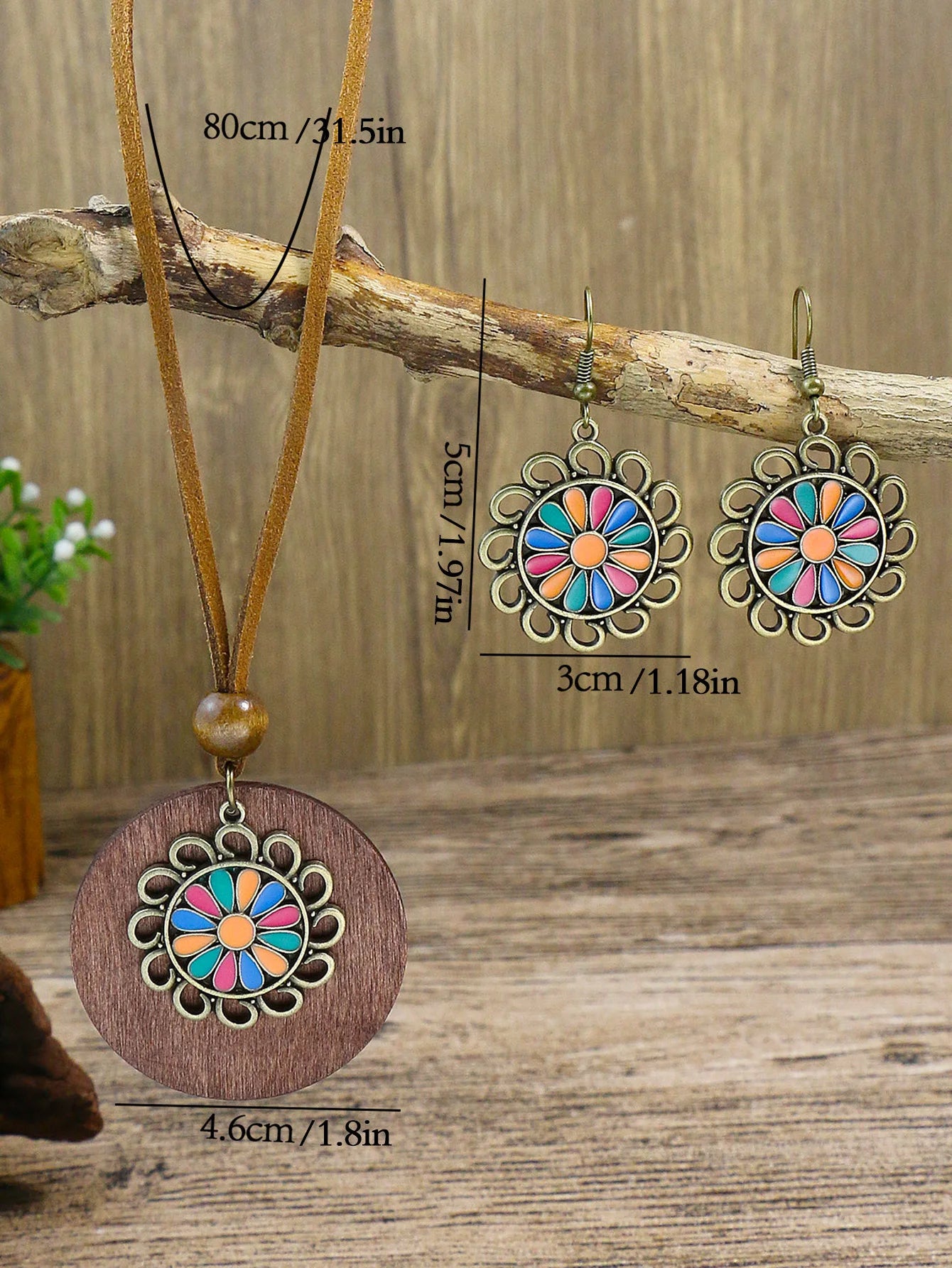 Vintage Accessories Sweater Chain Rice Beads Geometric Pattern Round Wood Piece Long Necklace Earrings Set Necklace