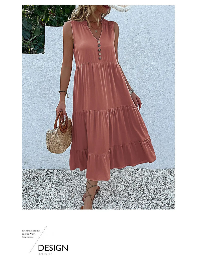 Dresses for Women 2025 Summer V-neck Single-breasted Vest Dress Sleeveless Loose Casual Solid Color Dress Vestidos De Mujer