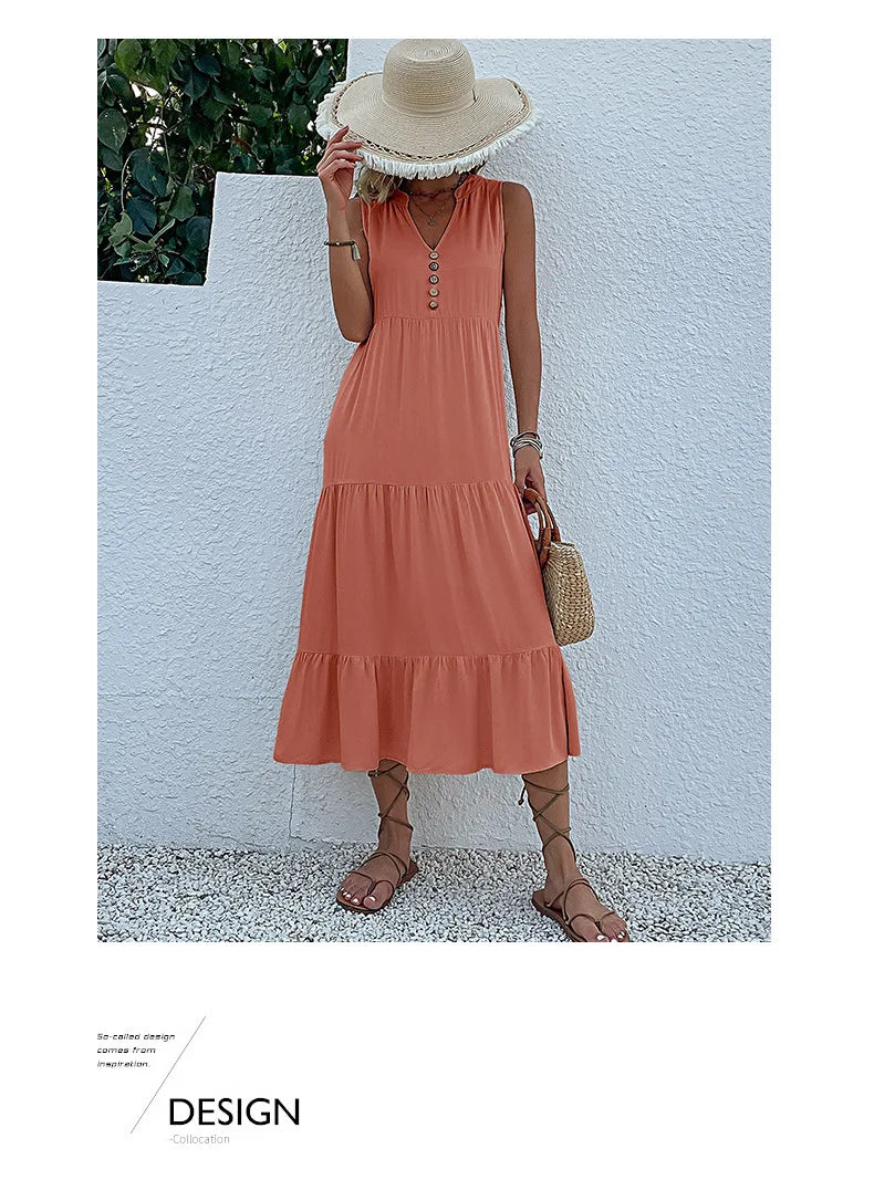 Dresses for Women 2025 Summer V-neck Single-breasted Vest Dress Sleeveless Loose Casual Solid Color Dress Vestidos De Mujer