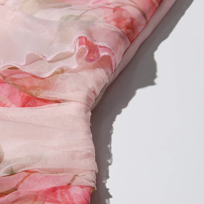 Evening Dresses for Women Sweet Floral Printing Slash Neck Short Sleeve High Waist Spliced Appliques Long Party Dress Female