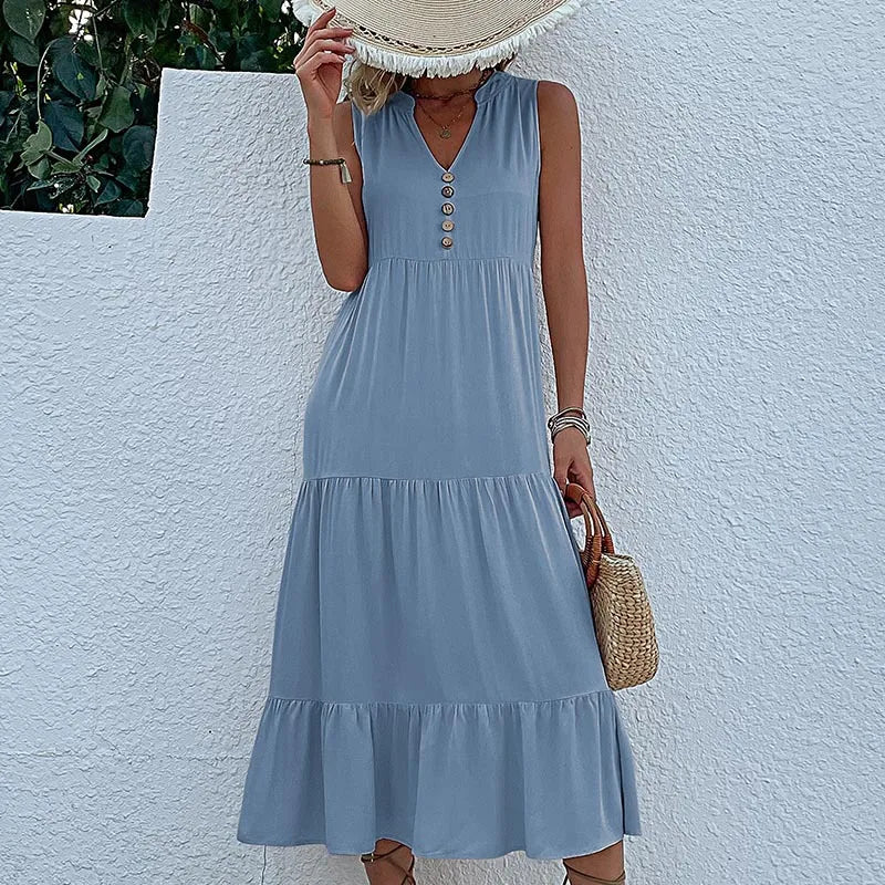 Dresses for Women 2025 Summer V-neck Single-breasted Vest Dress Sleeveless Loose Casual Solid Color Dress Vestidos De Mujer