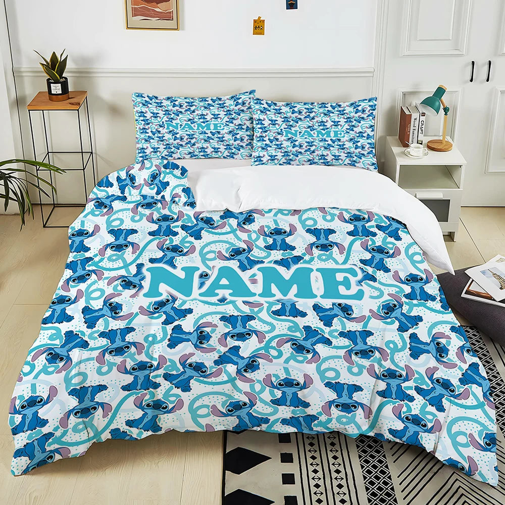 Custom Name Stitch Cartoon Printed Bedding Set Cartoon Anime Duvet Cover Comforter Pillowcase Boys Girls Children Adults King