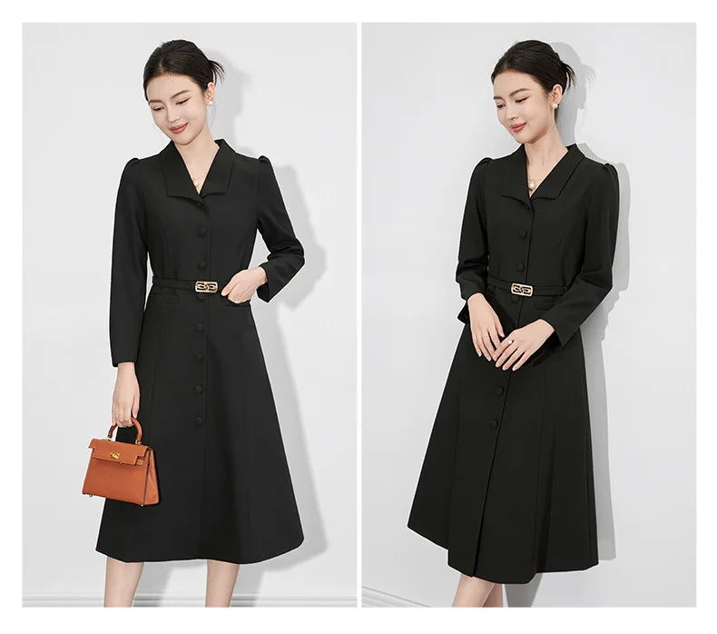 Dresses For Women 2024 Luxury Brand Autumn Long Dress Women's Turn-down Collar Sleeves Single Breasted Sashes Office Lady