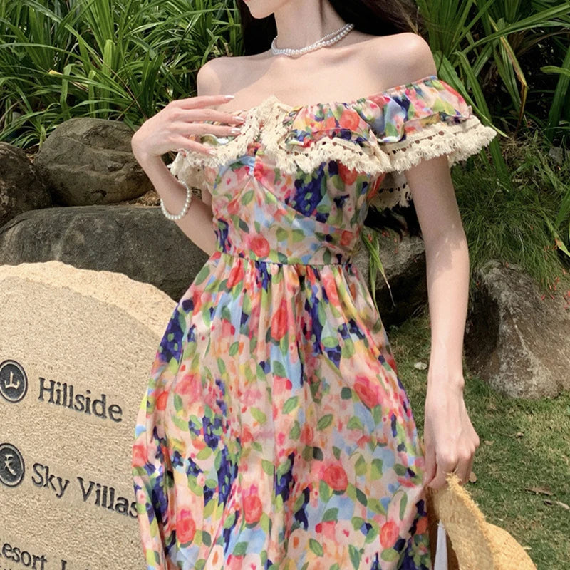 Elegant Dress for Women Print Slash Neck French Style Fashion Dresses Pleated Slim Folds Sweet Vintage New Women's Summer Dress