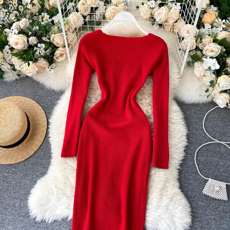 Dresses For Women 2026 Sexy Strapless Ribbed Knitted Bodycon Dress Women Winter Long Sleeve Midi Sweater Dress Clothes