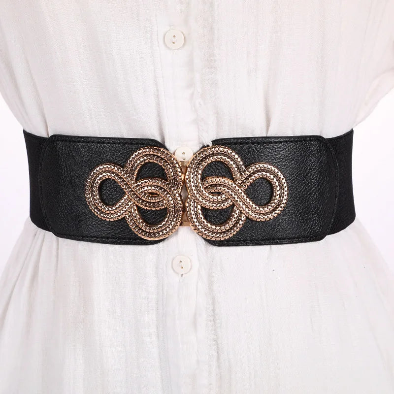 Womens Wide Elastic Belt Stretch Leather Belt Gold Buckle Belts for Dress S-XXL