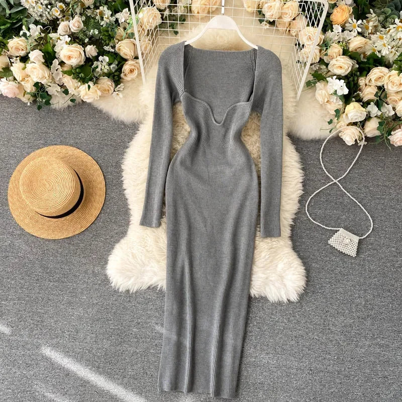 Dresses For Women 2026 Sexy Strapless Ribbed Knitted Bodycon Dress Women Winter Long Sleeve Midi Sweater Dress Clothes