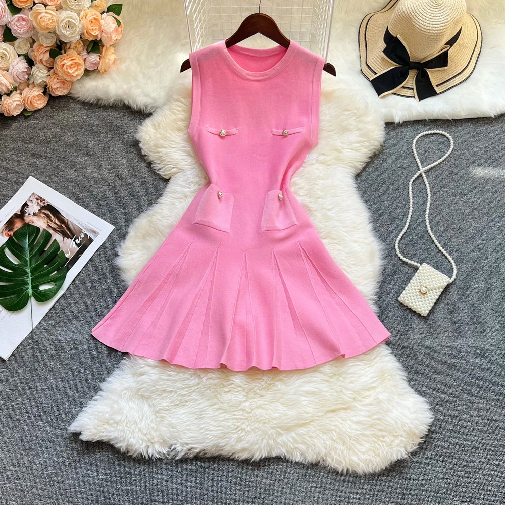 YuooMuoo Chic Fashion 2025 Summer Pleated Short Dress Women O-neck Slim Waist A-line Party Dress Streetwear Lady Outfits Vestido
