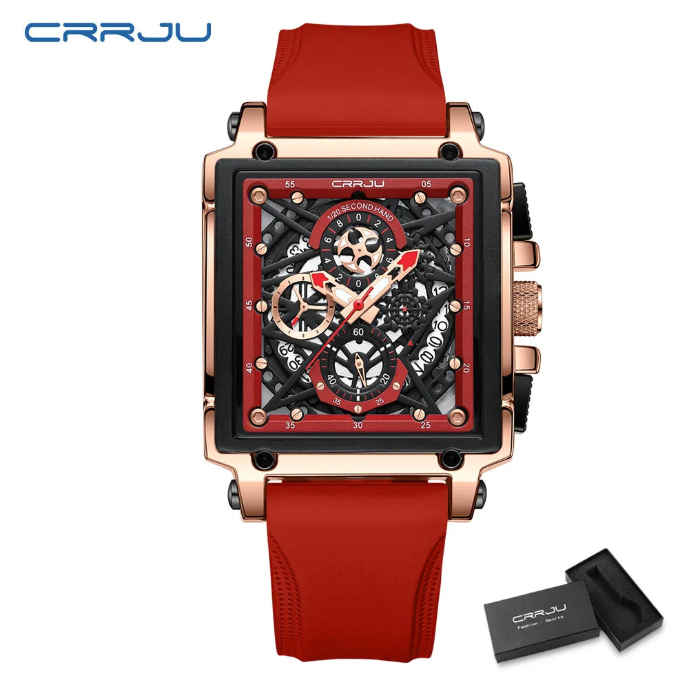 CRRJU Fashion Sports Watches with Large Dial Unique RectangularHollow Design Quartz Wristwatches with Chrongraph Auto Date