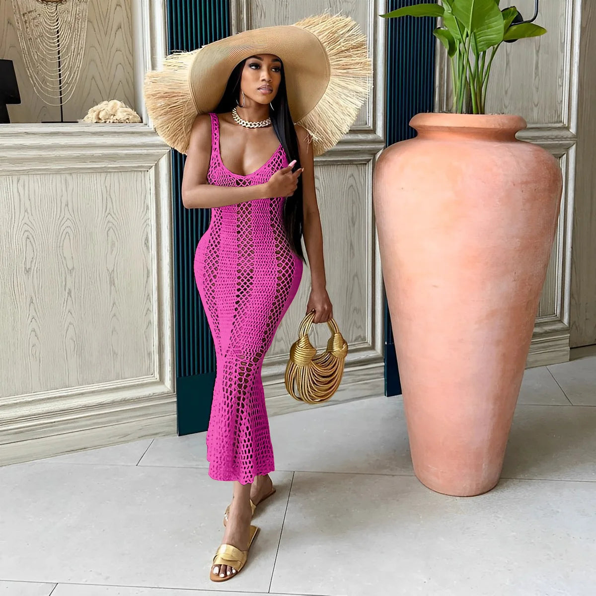 CM.YAYA Women Sleeveless Hollow Out Knit Ribbed Crochet Tank Mermaid Bodycon Midi Dress 2023 Sexy Party Club Vestidos Dresses