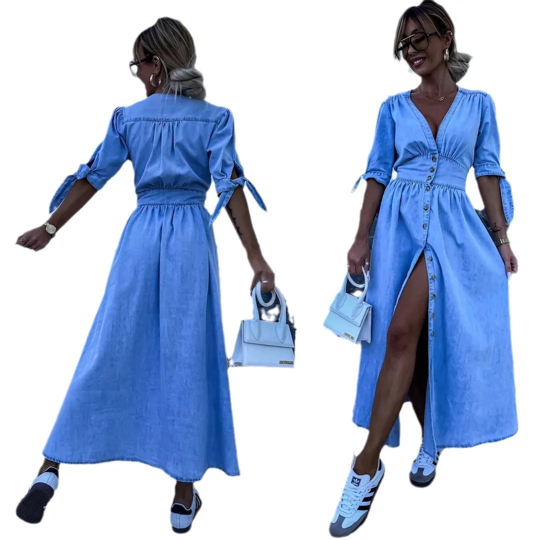Long Dresses for Women Sexy Denim Dress V Neck Single Breasted Lace Up Distressed Vintage A Line Streetwear Female 2025 Vestidos