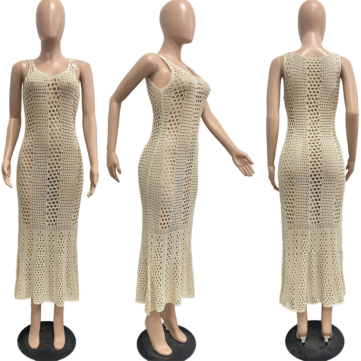 CM.YAYA Women Sleeveless Hollow Out Knit Ribbed Crochet Tank Mermaid Bodycon Midi Dress 2023 Sexy Party Club Vestidos Dresses