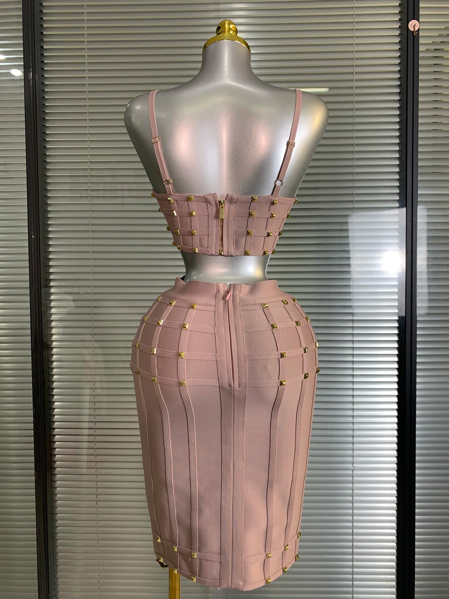 Summer New 2025 Women Sexy Pink Rivet Bandage Two Piece Set Celebrity Evening Party Skirt Suits