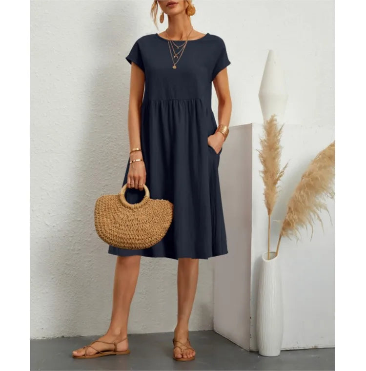 Women's Dresses 2025 Summer Fashion Casual Dresses Women Loose Mid Length Over Knee Dress New Short Sleeve Solid Dress Woman