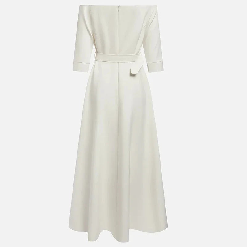 Elegant Party Dresses For Women One Shoulder Half Sleeve High Waisted A-Line Long Dress Women Offfice Dress White