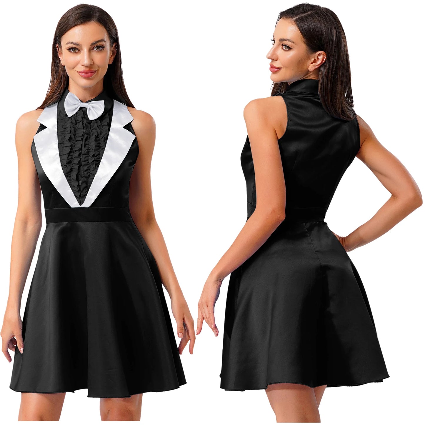 Womens 70s 80s Dumber Maid Dresses Lapel Ruffled Chest A-line Dress And Bowtie Rave Outfits Halloween Waitress Cosplay Costume