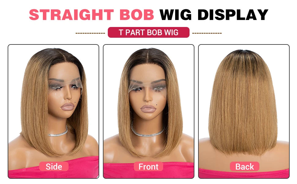 Colored Ombre Pink Bob T Part Lace Wigs Straight Human Hair Lace Front Wigs Pre Plucked Blonde Straight Lace Front Wigs