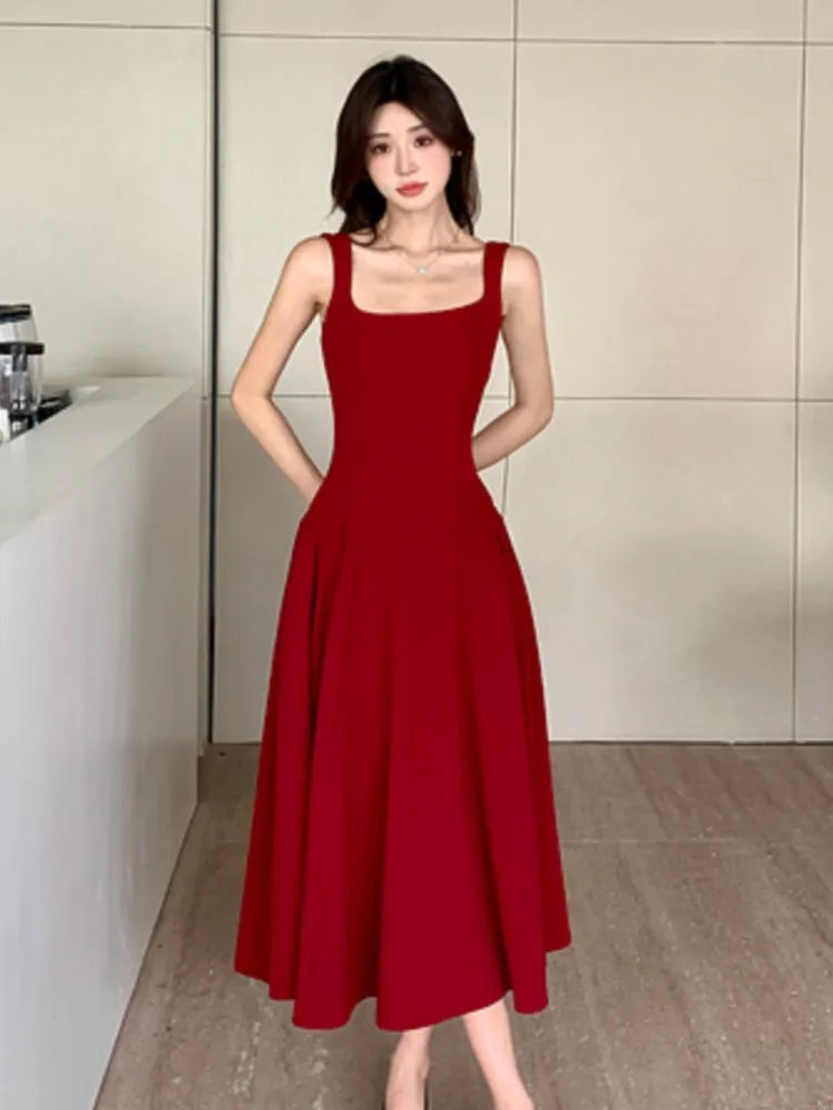 Women's Elegant Red Evening Dresses Sleeveless Wedding Guest Dress Spaghetti Strap A-Line White Party Female Prom gown Vestidos